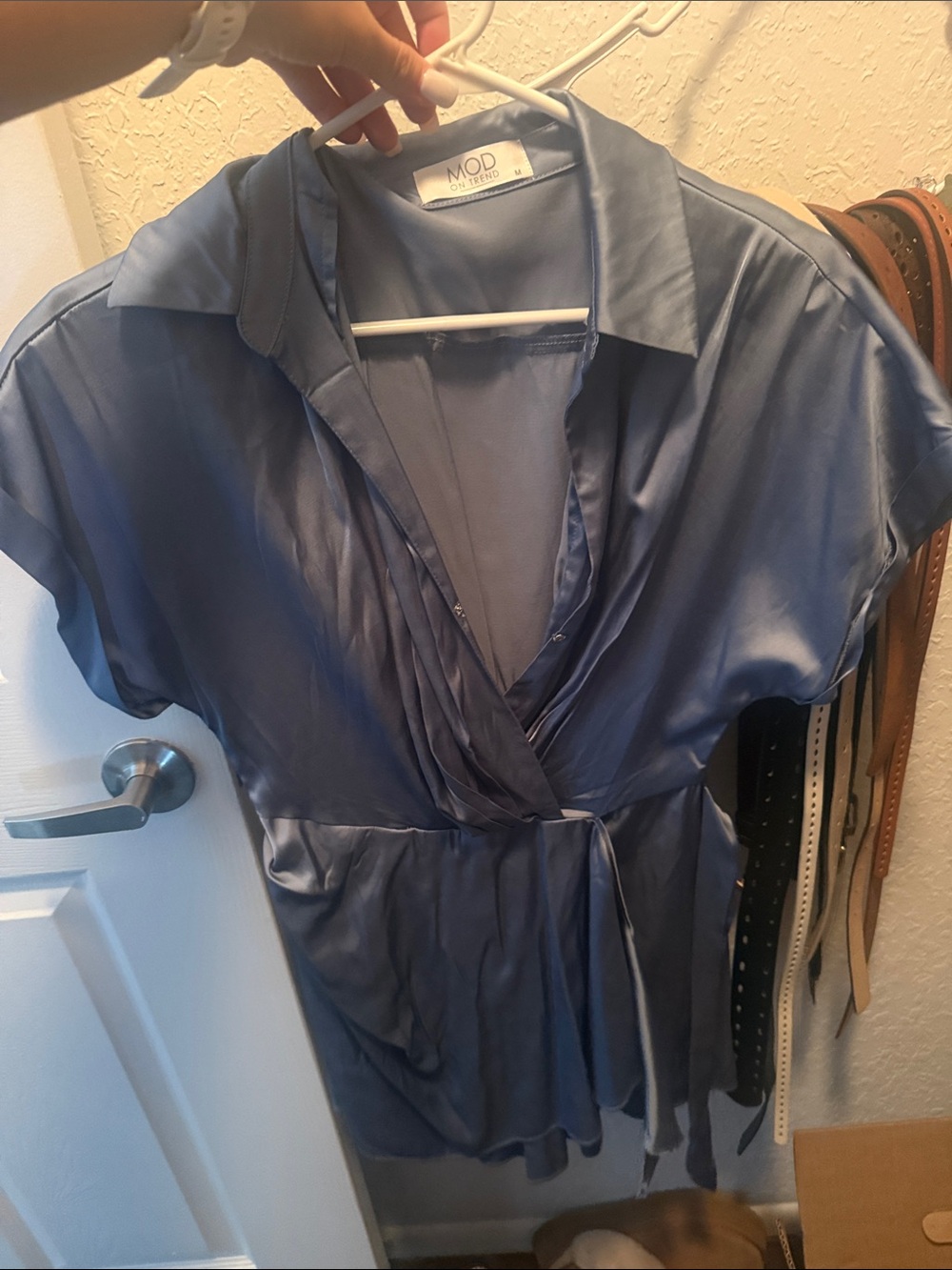 MOD Refined Satin Wrap Blouse in Slate Blue